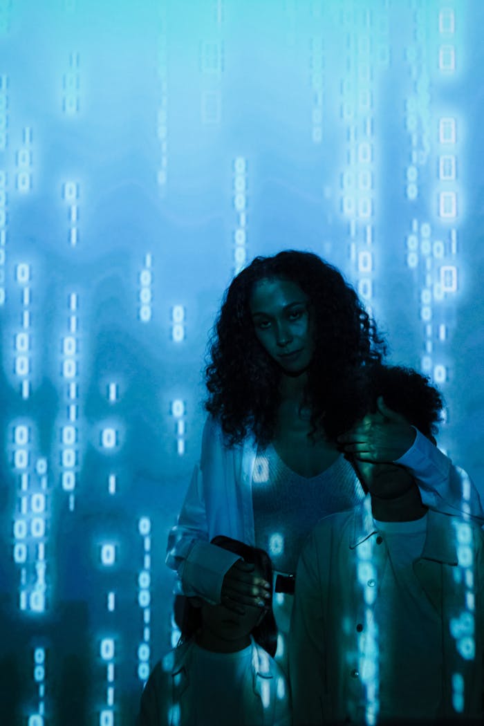 A mother and child with a digital screen projection, symbolizing online safety and privacy.